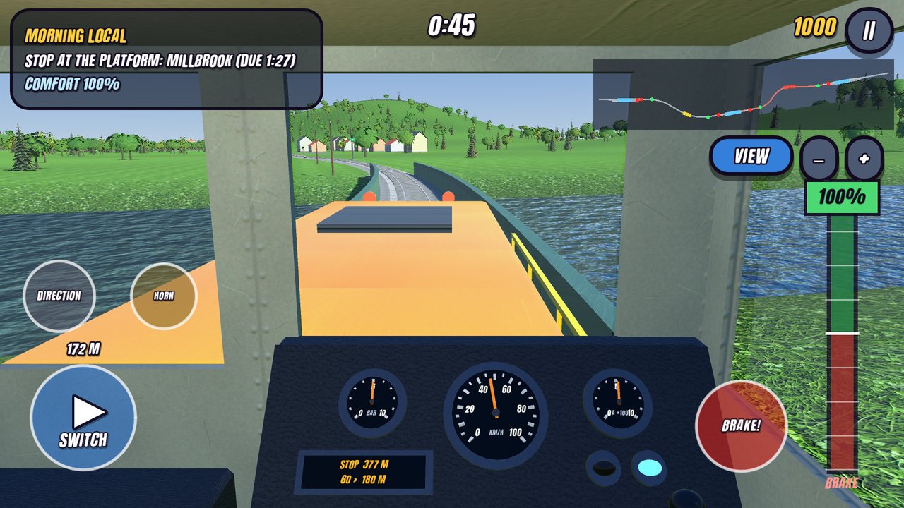 View from the driver's seat of a diesel locomotive with gauges
