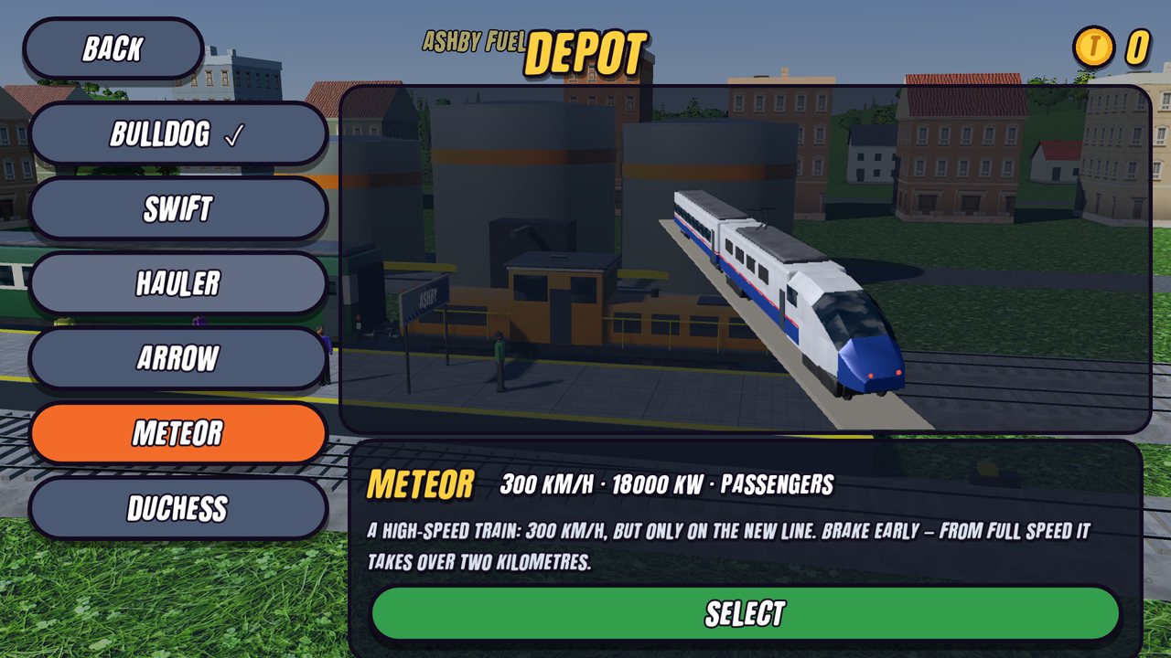 Depot screen with six locomotives and the Meteor high-speed train