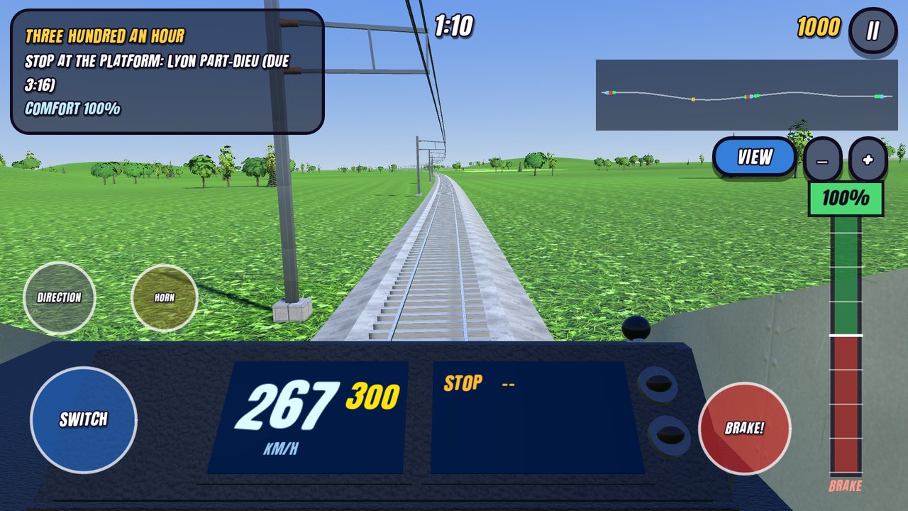 High-speed train cab at 267 km/h under the overhead wires