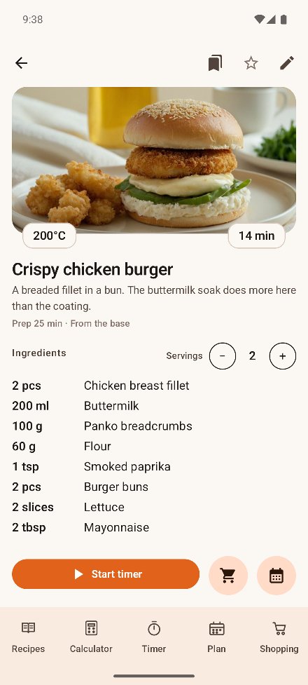 Recipe screen showing a photo of the dish, temperature, cooking time and the ingredient list