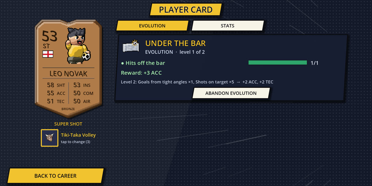 Player card with stats and evolutions