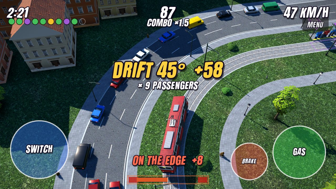 A tram drifting at 45 degrees with nine passengers on board
